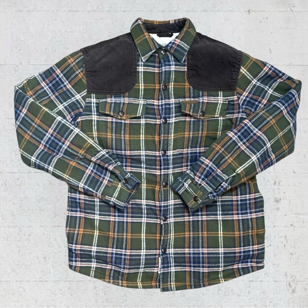 Field & Stream Men M Sherpa Lined Green Plaid Corduroy Flannel Shirt Barn Jacket
